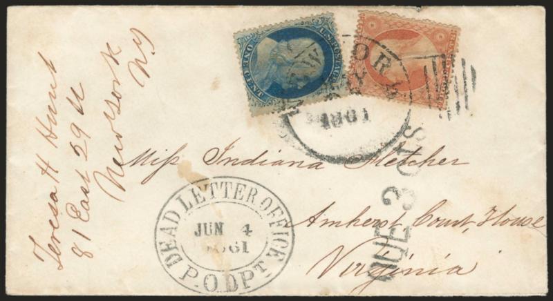 1c Blue, Ty. V, 3c Dull Red, Ty. III (24, 26).> 3c creased before use, both slightly toned, tied by New-York May 28, 1861 circular datestamp and duplex grid on cover to Amherst Court House Va., diverted to U.S.
Dead Letter Office with <Dead Letter