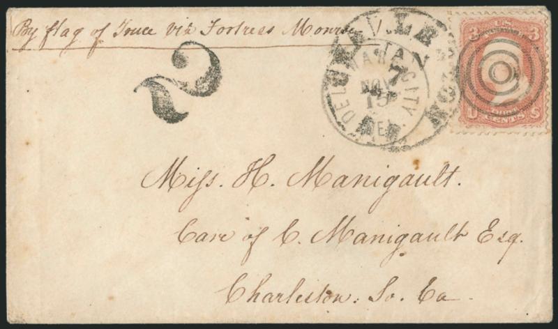 Fort Delaware, Delaware City.> Prisoner-of-war cover to Charleston S.C., endorsed <y flag of truce via Fortress Monroe,>> 3c Rose (65) canceled by target, Delaware City Del. Nov. 15 circular datestamp,
Charleston S.C. Jan. 7, 1865 circular da