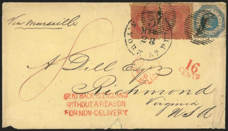 SENT BACK TO ENGLANDWITHOUT A REASONFOR NON-DELIVERY.> Red three-line handstamp applied by British Post Office on cover to Richmond Va. <originating in Victoria (Australia) with 4p Rose (59) pair and 1sh Blue
(25)> tied by grid cancels, red Melbou
