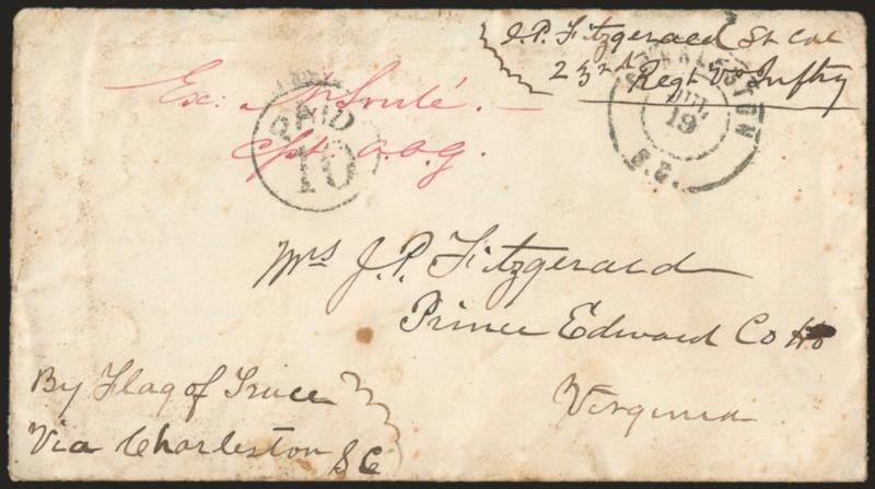 U.S.S. Dragoon, Confederate 50, off Hilton Head S.C.> Prisoner-of-war cover to Prince Edward Co. Va., endorsed <<J. P. Fitzgerald Lt Col 23rd Regt Va. Infty>> and <y Flag of Truce Via Charleston SC,>> censored
by C.S.A. with manuscript <<Ex