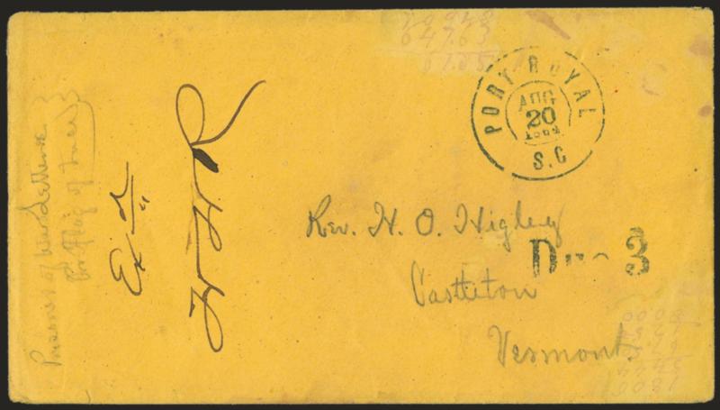 Marine Hospital, Charleston 600, S.C.> Yellow inner prisoner-of-war cover to Castleton Vt. with original letter datelined <<C.S. Military Prison Charleston S.C. August 2, 1864,>> prisoners endorsement on front,
censored with manuscript <<Exd. H
