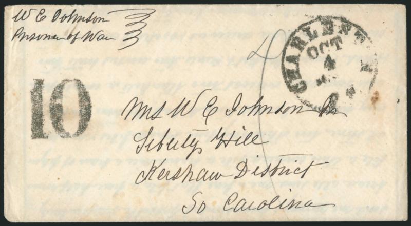 Morris Island, Immortal 600, S.C.> Inner prisoner-of-war cover to Liberty Hill S.C., endorsed <<W. E. Johnson, Prisoner of War>> with photocopy of original letter datelined <<Morris Island Sept 27th 1864,>> bold
Charleston S.C. Oct. 4, 1864 c