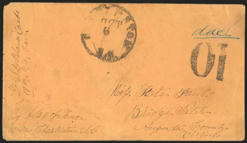 Morris Island, Immortal 600, S.C.> Inner prisoner-of-war cover to Bridgewater Va., soldiers endorsement and <y Flag of Truce via Charleston S.C.,>> entered C.S.A. mails with Charleston S.C. Oct. 6 (1864)
circular datestamp and 10 handstamp