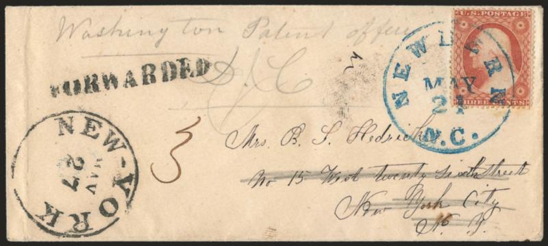 New Bern N.C. May 21 (1861).> Bold blue circular datestamp ties <3c Dull Red, Ty. III (26),> perfectly centered, rich color, on small cover to Mrs. B. S. Hedrick at New York City street address, pencil forwarding
address <<Washington Patent Office D