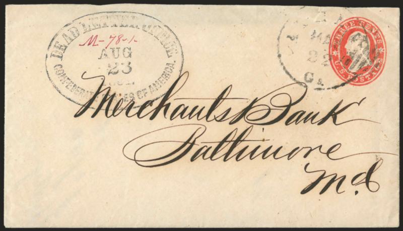 Dead Letter Office, Confederate States of America, Aug. 23, 1861.> Clear strike of oval datestamp with magenta manuscript M-78-1 record notation on 3c Red on White Star Die entire (U26) to Baltimore, Athens Ga.
May 22 circular datestamp and grid