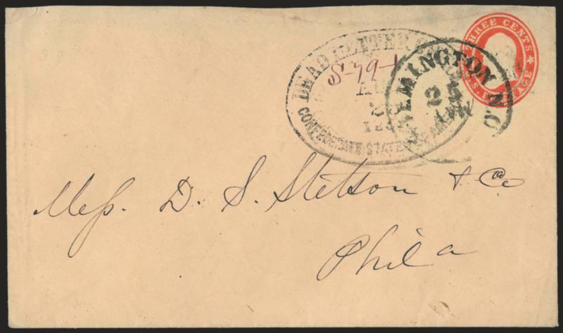 Dead Letter Office, Confederate States of America, Aug. 23, 1861.> Mostly readable oval datestamp with magenta manuscript S-79-1 record notation on 3c Red on Buff Star Die entire (U27) to Philadelphia, Wilmington
N.C. 25 May [inverted] circular d