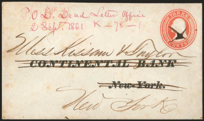 P.O.D. Dead Letter Office, 2 Sept. 1861 K-78-1> Confederate States Dead Letter Office marking and record number in bright red manuscript on 3c Red on White Nesbitt entire (U9) with printed address crossed out and
re-addressed to Kissam & Taylor in