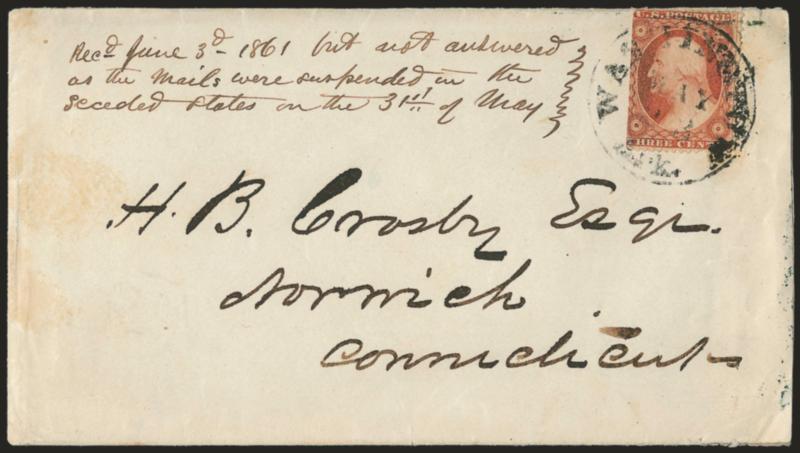 Washington Ark. May 23 (1861).> Mostly clear circular datestamp ties <3c Dull Red, Ty. III (26),> s.e. at left, on cover to H. B. Crosby in Norwich Conn., detailed three-line receipt docketing <<<Recd June 3d
1861 but not answered as the mails were