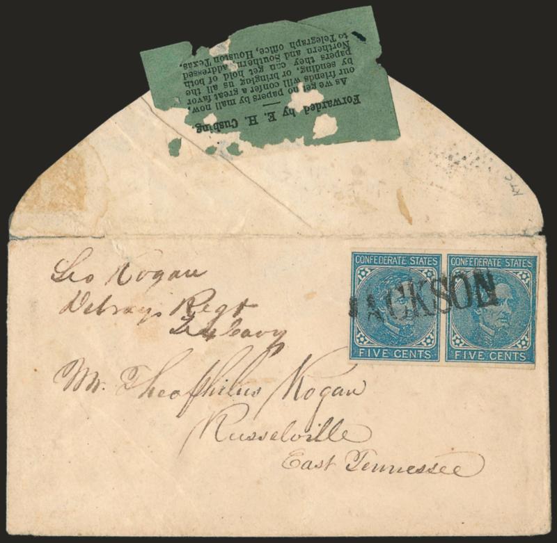 E. H. Cushing Express.> Black on green newsprint label, Type I (without date), affixed to back of <adversity> cover made from title page of a Galveston pamphlet in German, <5c Blue, Local (7),> horizontal pair,
deep shade, large margins to touching,