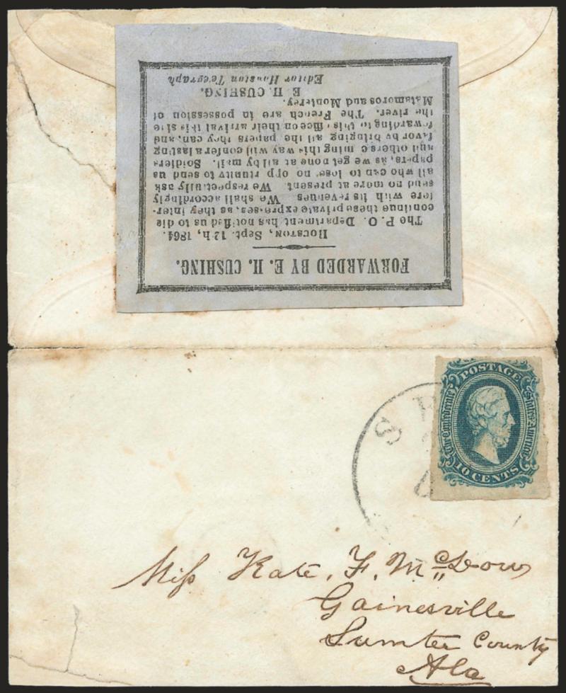 E. H. Cushing Express.> Black on gray newsprint label, Type IV (Dietz Type VI, dated Sep. 12, 1864), affixed to back of cover originating somewhere west of the Mississippi and carried by Cushings express, <10c
Dark Blue, Die A (11b),> three large ma