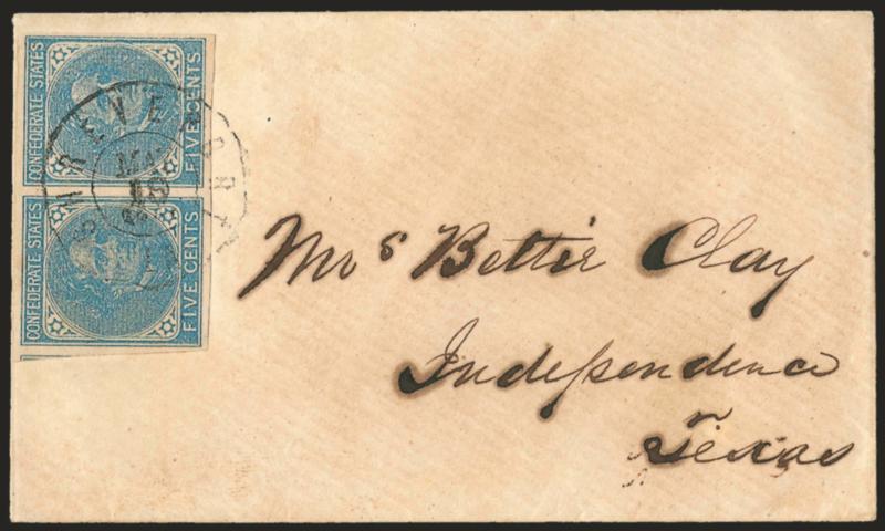 E. H. Cushing Express.> Small cover endorsed from Capt. Tacitus T. Clay, 5th Texas Regiment, to Mrs. Bettie Clay in Independence Tex., carried by Cushing from east of the Mississippi and put into the mails at
Shreveport with <5c Blue, Local (7),> hor