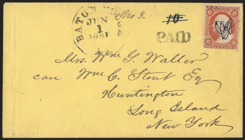 Baton Rouge La. Jun. 1, 1861 -- First Day of the Confederate States Postal System.> Mostly clear strike of circular datestamp with prominent date, Paid handstamp and manuscript 10 C.S.A. rate, crossed out in blue
manuscript which also cancels and