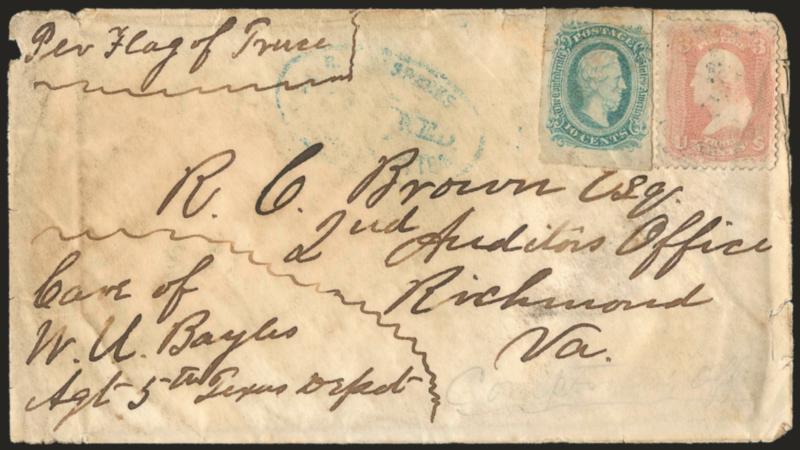 10c Greenish Blue, Die A (11c).> Three large margins, touched at right, used with <U.S. 3c Rose (65),> both stamps have minor faults, uncancelled but properly used on <prisoner-of-war> cover with faint blue
<R.I. BarracksExaminedPrisoners Letter