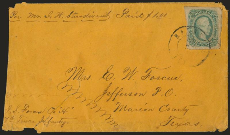 Sturdivants Express.> 10c Greenish Blue, Die B (12c), large margins, slight crease, tied by Marshall Tex. double-circle datestamp (February 1864) on buff cover with senders endorsement <Per Mr. I. W. Sturdivant
Paid $1.00> and addressed to Mrs.