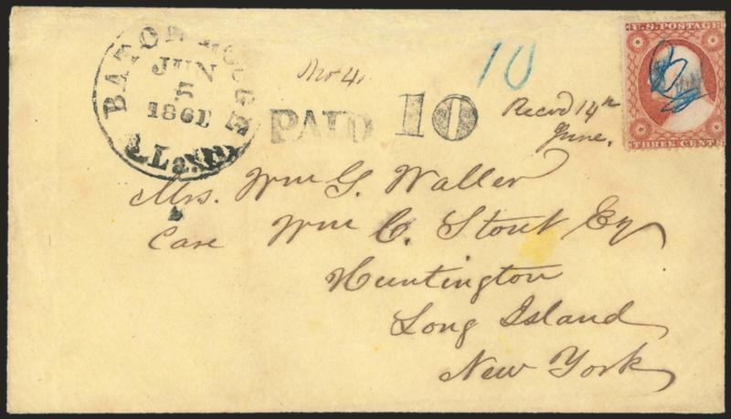 Baton Rouge La. Jun. 5, 1861.> Mostly clear circular datestamp with matching Paid and 10 handstamps on yellow cover to Huntington (Long Island) N.Y., from the Waller correspondence, <3c Dull Red, Ty. III (26)>
with blue manuscript cancel, blue pe