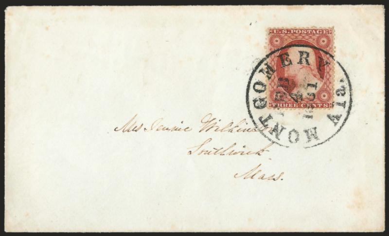 Montgomery Ala. Feb. 4, 1861 -- First Day of the Confederate States.> Bold strike of circular datestamp with date clearly visible ties <3c Dull Red, Ty. III (26)> on cover to Southwick Mass., immaculate
condition<><>^EXTREMELY FINE. AN OUTSTANDING