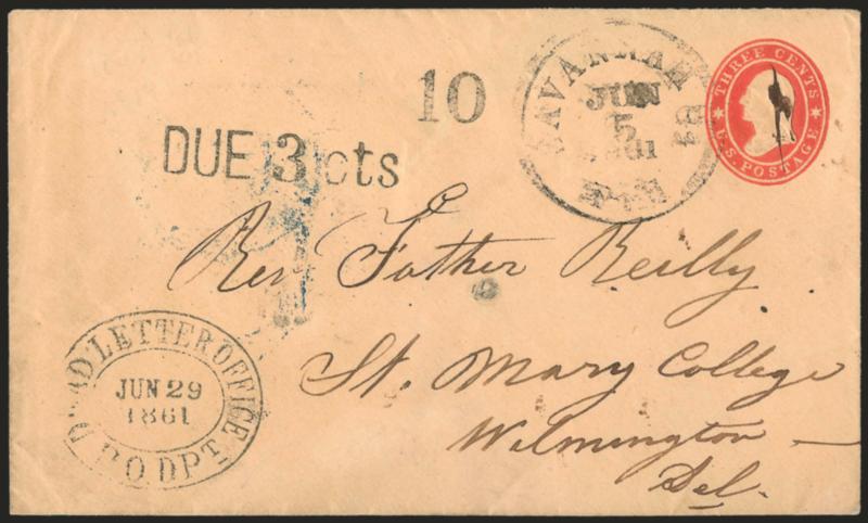 Savannah Ga. Paid Jun. 5, 1861.> Partly clear circular datestamp and <10 C.S.A. rate> handstamp on <3c Red on Buff Star Die entire (U27)> to Wilmington Del., diverted to U.S. Dead Letter Office with <Dead Letter
Office P.O. Dpt. Jun. 29, 1861> ov