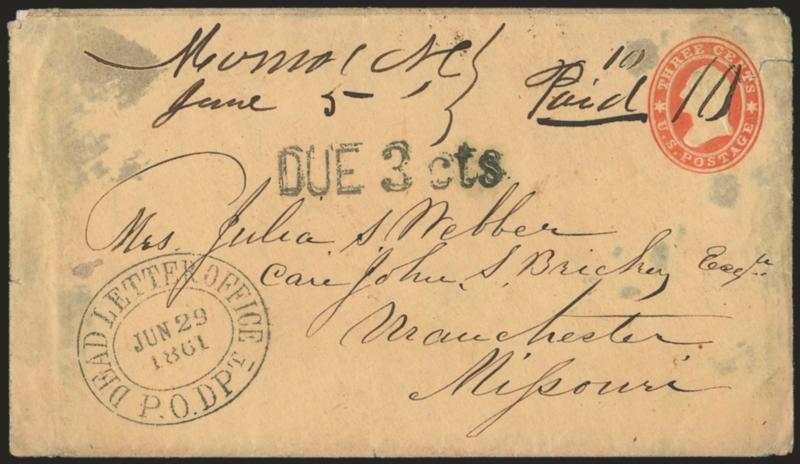 Monroe N.C. June 5 (1861).> Manuscript postmark and <Paid 10 C.S.A. rate> (with additional smaller 10) on <3c Red on Buff Star Die entire (U27) to Manchester Mo.,> passed through Louisville two days before that
mail route was closed, upon arriv