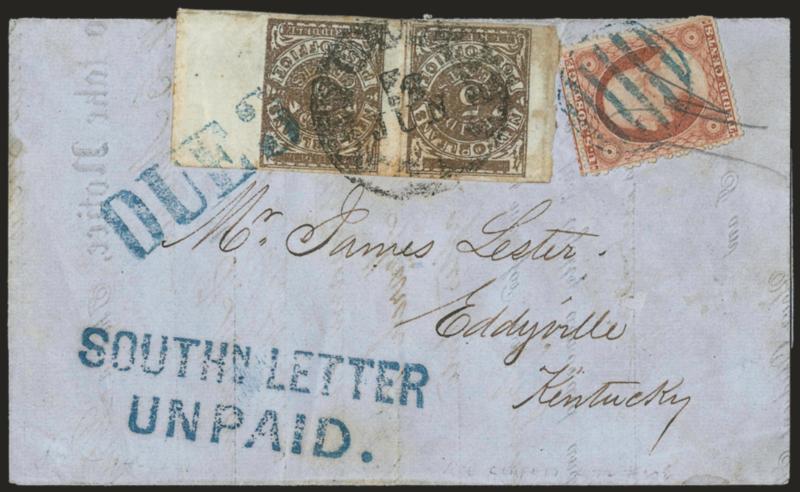 New Orleans La., 5c Brown on White (62X3).> First Printing, Positions 39-40 from the bottom right corner of the sheet, full to large margins including huge part of right sheet margin, vertical crease between
stamps and slight gum staining, tied by N