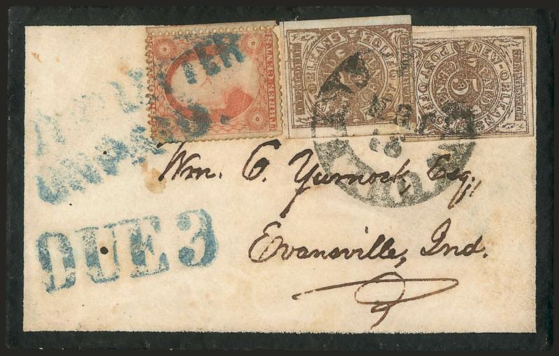 New Orleans La., 5c Brown on White (62X3).> First Printing, two singles (Positions 12 and 17), mostly full to large margins (one just touched at top), faint trace of gum staining, tied by New Orleans La. 22 Jun.
(1861) circular datestamp, <used wit