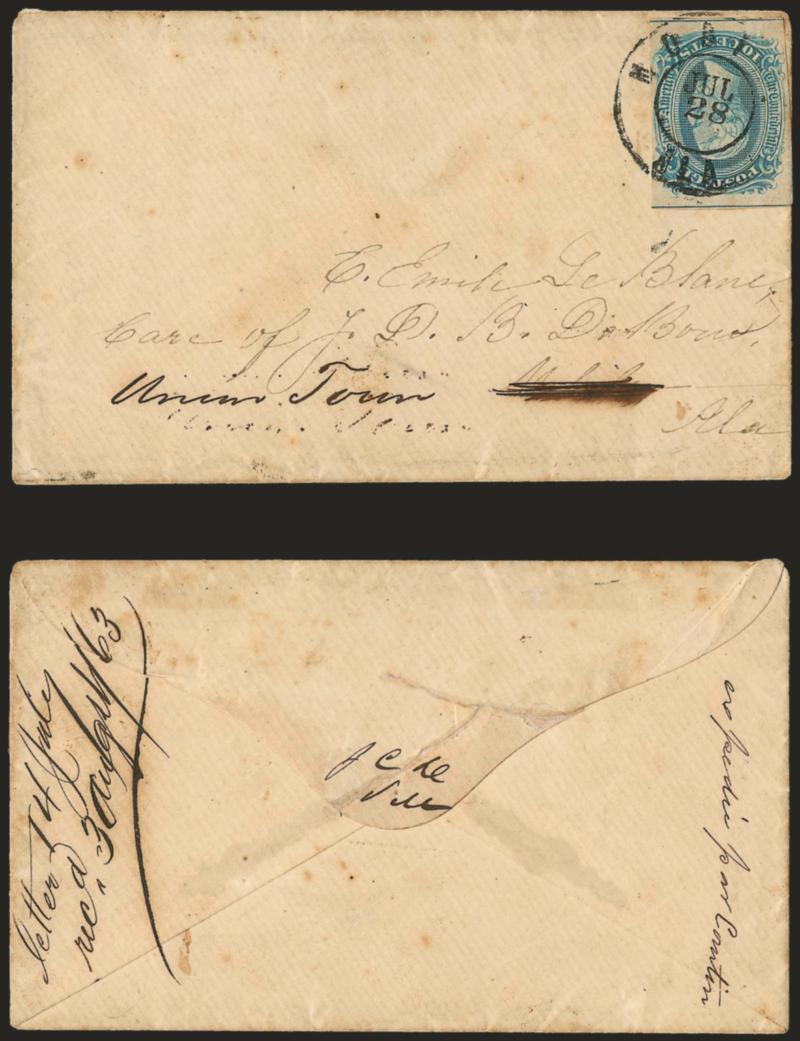 10c Blue, Frameline (10).> Large top and bottom margins showing two full framelines, ample at sides, tied by clear strike of Mobile Ala. Jul. 28 double-circle datestamp on <blockade-run cover originating in
Havana and carried to Mobile,> addressed
