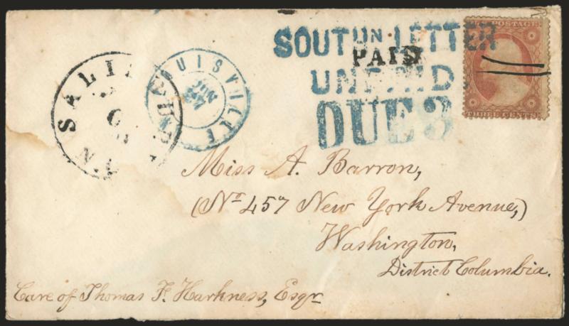 SOUTHN. LETTER UNPAID.> Blue two-line handstamp ties <3c Dull Red, Ty. III (26),> gum toned, matching ^DUE 3^ straightline handstamp and Louisville Jun. 27 double-circle datestamp on cover addressed to <<Miss A.
Barron, No. 457 New York Avenue,