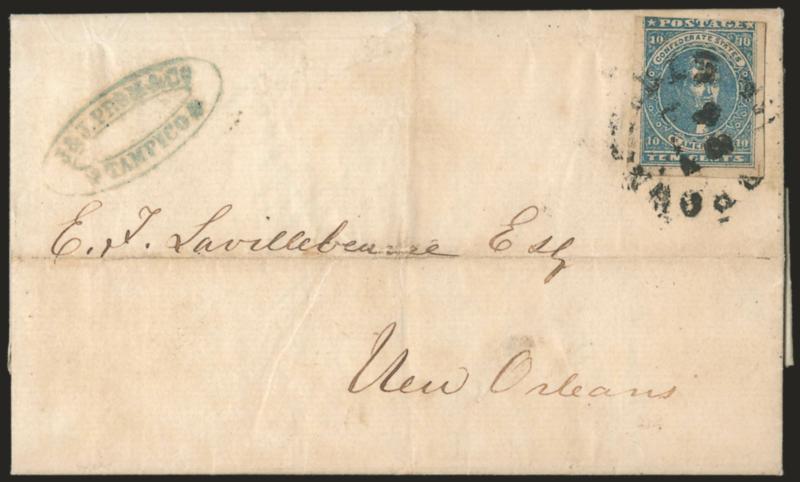 London to New Orleans via Tampico, Matamoros and Brownsville.> August 16, 1861 folded letter from Baring Brothers in <London, England,> to E. F. Lavillebeuvre in New Orleans, inside of letter routed <<pr Asia,>>
<J. & J. Prom & Co. * Tampico *> f