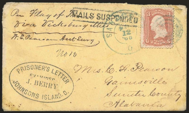 MAILS SUSPENDED.> Straightline between two bars, bold strike on front and corresponding Nashville Ten. Jun. 28, 1865 double-circle datestamp on back of yellow cover to Gainesville Ala. from a <prisoner-of-war at
Johnsons Island,> prisoners endorse