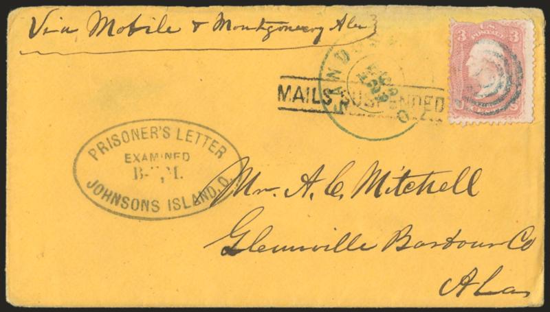 MAILS SUSPENDED.> Straightline between two bars, mostly clear strike on front and corresponding (Nashville) Ten. (Jun.) 28, 1865 double-circle datestamp on back of buff cover to Glenville Ala. from a
<prisoner-of-war at Johnsons Island,> prisoners