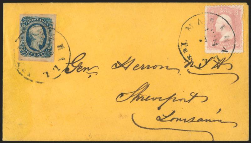 Marshall Tex. Jun. 7 (1865).> Clearly struck circular datestamp ties <10c Deep Blue, Die B, Keatinge & Ball (12 K&B),> large margins to clear at left, faint gum stains, and <U.S. 3c Bright Rose (65),> a few
pulled perfs at right, on bright buff cover