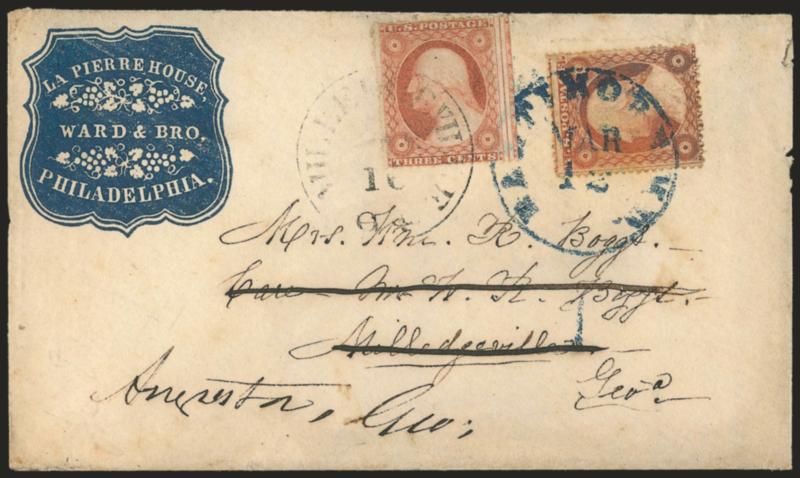 Milledgeville Ga. Mar. 16 (1861).> Partly clear circular datestamp ties <3c Dull Red, Ty. III (26),> used as forwarding postage, another 3c stamp tied at origin by blue Baltimore Md. Mar. 12 circular datestamp on
<Philadelphia hotels blue corner c