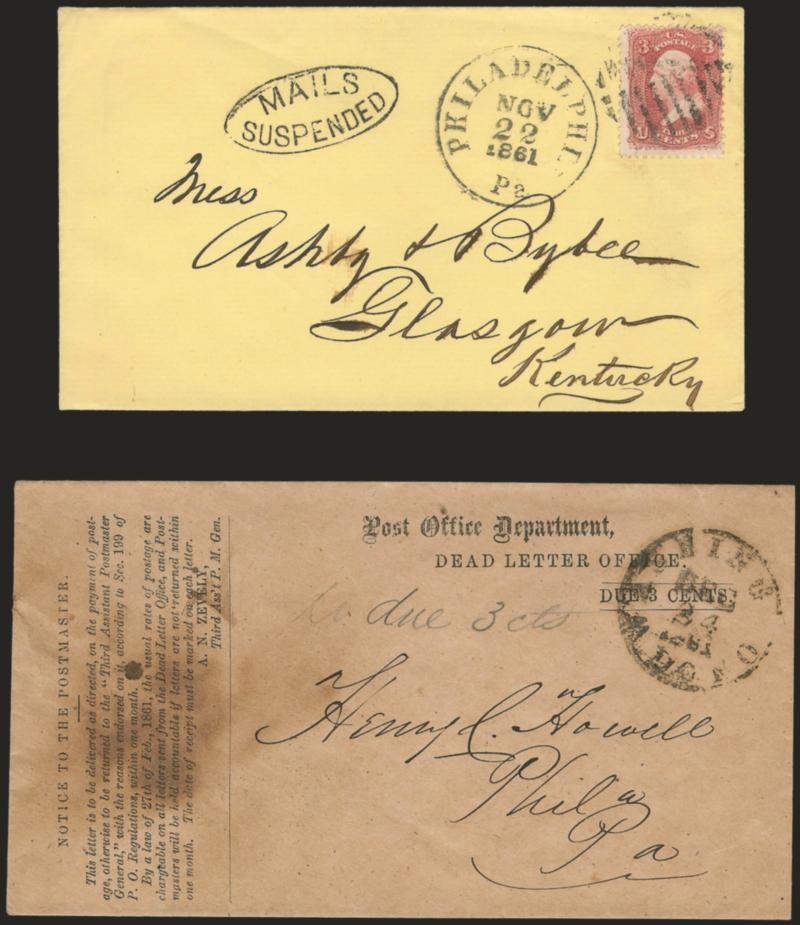 MAILS SUSPENDED.> Perfect bold strike of oval handstamp, 3c Rose (65), deep shade, tied by large segmented grid, Philadelphia Pa. Nov. 22, 1861 circular datestamp on yellow cover to the Confederate-occupied town
of Glasgow, Kentucky, <with original