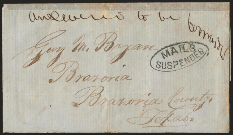 MAILS SUSPENDED.> Bold strike of oval handstamp on folded letter datelined <<Doylestown June 14, 1862>> to Guy Bryan in Brazoria Tex. (Bryan was founder of Texas Cotton Bureau), letter states < send this in an
envelope directed to the Post Maste