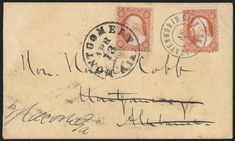 Montgomery Ala. Apr. 13, 1861.> Bold circular datestamp ties <3c Dull Red, Ty. III (26),> used as forwarding postage, another 3c stamp tied at origin by Leavenworth City Kas. Apr. 1 circular datestamp on cover to
Howell Cobb in Montgomery, forwarde