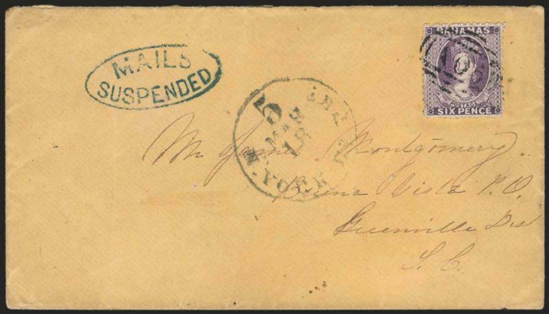 MAILS SUSPENDED.> Mostly clear strike of rare <blue> oval handstamp, ahamas 6p Violet (14),> near-perfect centering, tied by A05 oval grid on cover to Buena Vista S.C., backstamped Nassau-New Providence MR 1
1865, partly clear N. York Br. Pkt.