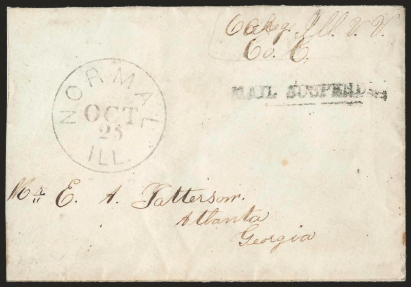 MAILS SUSPENDED.> Straightline handstamp on small cover endorsed by member of Illinois Vol. and addressed to Atlanta Ga., Normal Ill. Oct. 25 (ca. 1864) circular datestamp, part of Nashville Ten. Nov. 12
double-circle datestamp on back, reduced a