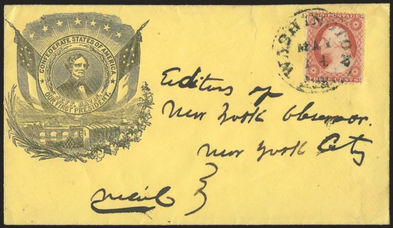 Washington Ark. May 14 (1861).> Bold strike of circular datestamp ties <3c Dull Red, Ty. III (26)> on yellow cover to <<Editors of New York Observer, New York City>> with black <Jefferson Davis Medallion
Patriotic> design, portrait framed by Confed