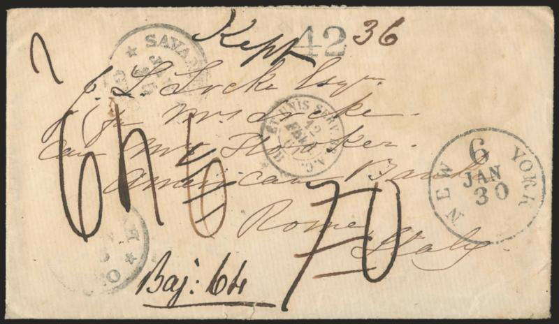 Savannah Ga. Jan. 25 (1861).> Two partly clear strikes of small circular datestamp with stars on cover to John Lorenzo Locke in <Rome, Italy,> 42 rate handstamp, New York 6 Jan. 30 debit datestamp, manuscript Kept
and 36 notations around 42