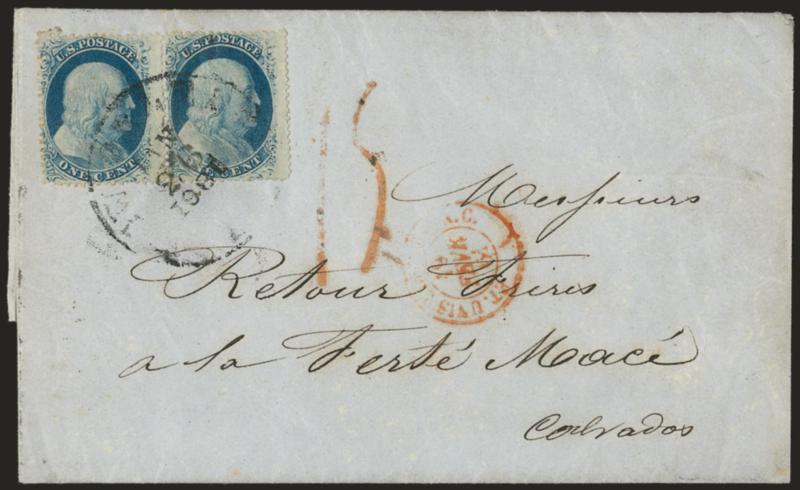 New Orleans La. Jan. 26, 1861 -- First Day of Louisiana Independent Statehood.> Partly clear circular datestamp ties pair of <1c Blue, Ty. V (24)> on folded Jan. 16 printed notice <to La Ferte Mace, France,> red
Et. Unis Serv. Br. A.C. 19 Fevr. 61