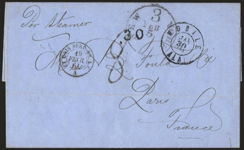 Mobile Ala. Jan. 30, 1861.> Double-circle datestamp and 30 rate handstamp boldly struck on blue folded letter <to Paris, France,> New York 3 Feb. 5 debit datestamp, Et. Unis Serv. Br. A.C. A 19 Fevr. 61 French
transit datestamp and 8 decimes
