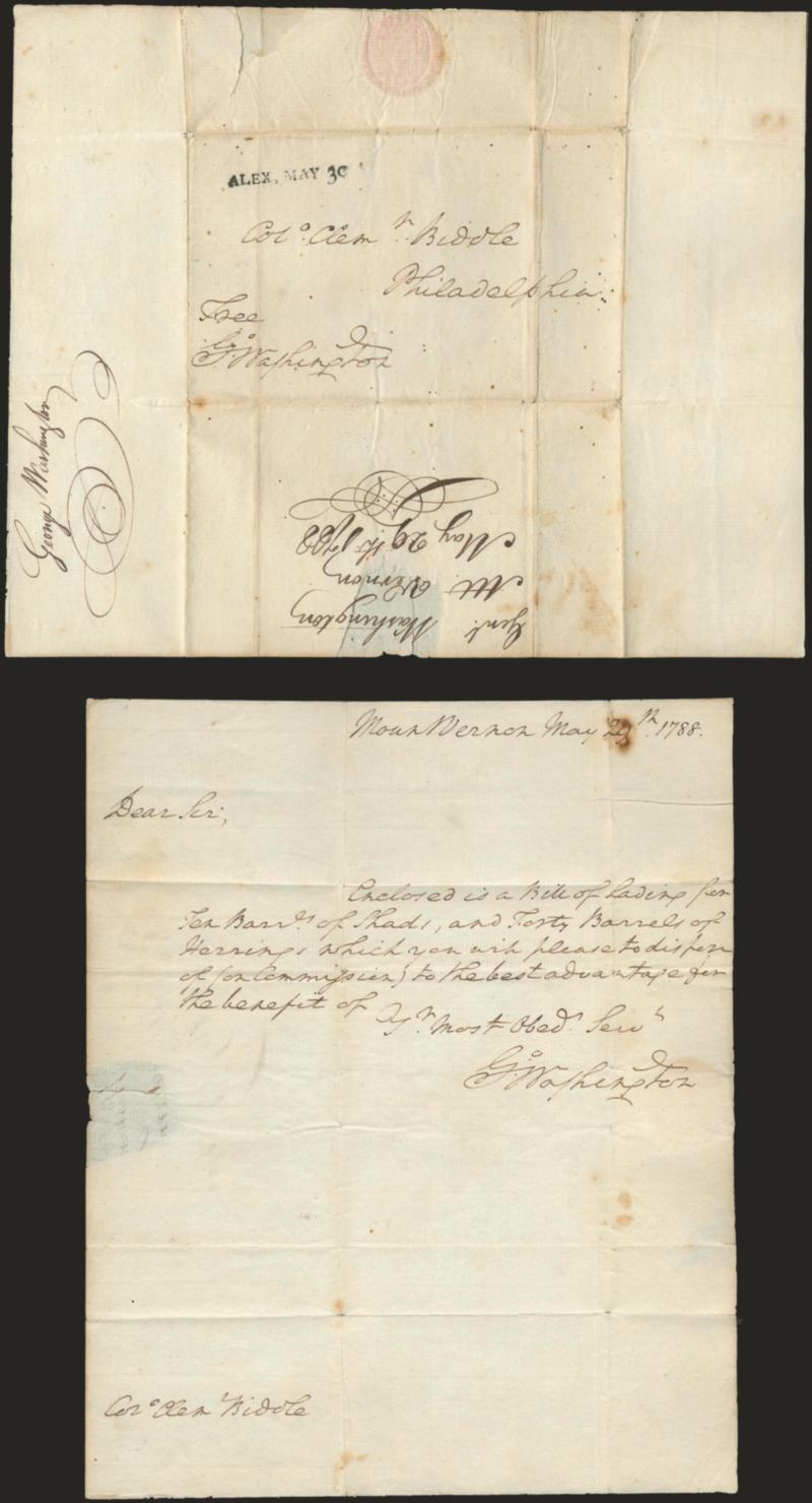 George Washington.> Free frank <<Free G. Washington>> on <folded letter written entirely in Washingtons hand and signed,> addressed to Col. Clement Biddle in Philadelphia and datelined <<Mount Vernon May 29th
1788>>, bold ^ALEX, MAY 30^ straight