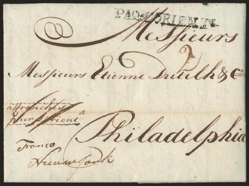 PAQ.LORIENT.> Clearly struck straightline handstamp on folded letter datelined <<Rotterdam le 4 Aoust 1785>> and addressed to Philadelphia, endorsed <<affranchise pour LOrient>> and <<Franco Nieuw York,>> meaning
full payment was made in the