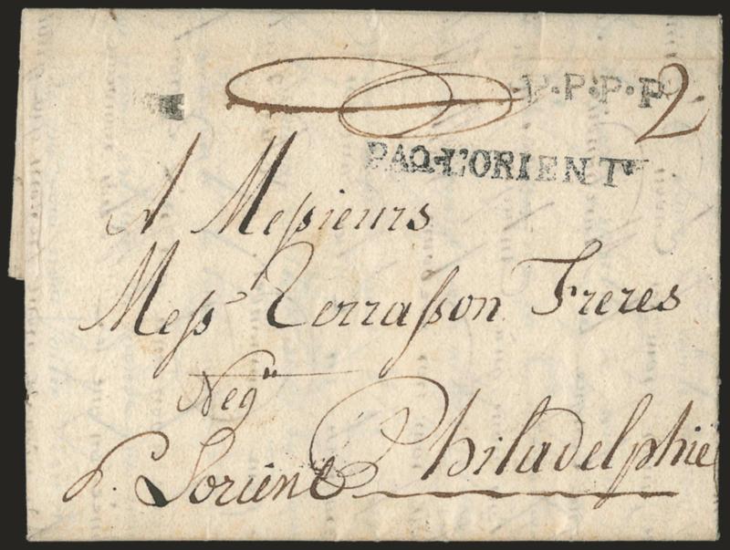 PAQ.LORIENT.> Clear strikes of straightline and ^P.P.P.P.^ handstamps on folded letter from Leghorn, Italy, datelined <<Livorne 22 Juillet 1785>> and addressed to Philadelphia, probably routed through Dunkerque,
as it has a faint strike of strai