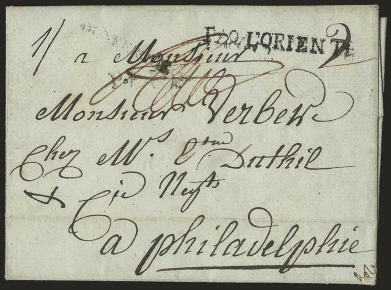 PAQ.LORIENT.> Bold strike of straightline handstamp, faint strike of ^P.P.P.P.^ and ^DUNKERQUE^ handstamps on folded letter addressed to Philadelphia, carried on the sixth voyage of the French Royal Ship Agencys
<<Courier de New York>>, departi