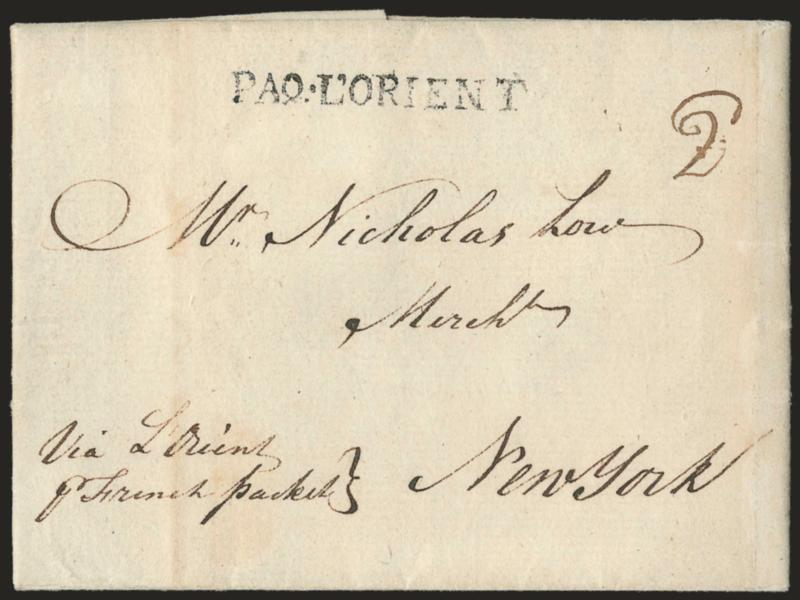 PAQ. LORIENT.> Straightline handstamp clearly struck on folded letter datelined <<Amsterdam Augt 3, 1786>> to New York, senders routing <<Via LOrient pr French Packet>>, no indication of receipt date but believed
to have been carried on the Fr