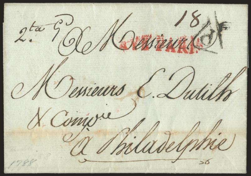 P. PAYE PARIS.> Red straightline and P in triangle handstamps on folded letter datelined <<Paris le 2 Fevrier 1788>> and addressed to Philadelphia, carried on the eighth voyage of the French Second Royal Ship
Agencys <<Courier de LOrient>>, dep
