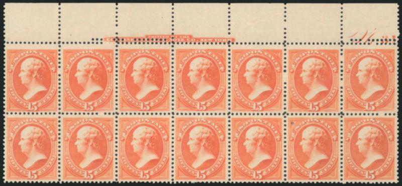 15c Red Orange (189).> Block of fourteen with <imprint and plate no. 31> at top, <twelve stamps Mint N.H.,> pos. 10 and 11 lightly hinged, vibrant color as fresh as the day it was printed, few natural
inclusions<><>^VERY FINE-EXTREMELY FINE. A BEAU