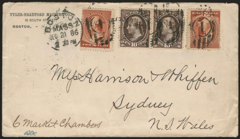 10c Black Brown (209b).> Horizontal pair, used with two 2c Red Brown (210) and tied by Boston Mass. Dec. 21, 1886 2:30 PM duplex cancels on cover <to Sydney, New South Wales,> San Francisco backstamp, trivial
edgewear not mentioned on accompanying