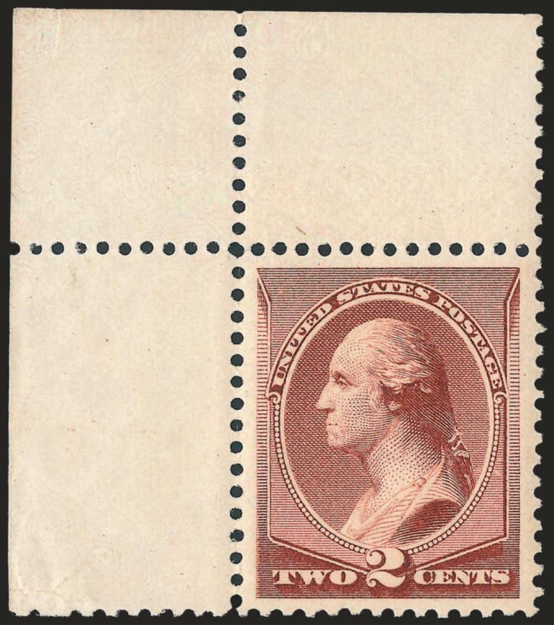2c Pale Red Brown, Special Printing (211B).> Mint N.H. with <top left corner selvage,> perfectly centered with wide and balanced margins, radiant color<><>^EXTREMELY FINE GEM. THIS IS EASILY ONE OF THE FINEST
MINT NEVER-HINGED EXAMPLES OF THE 2-CEN