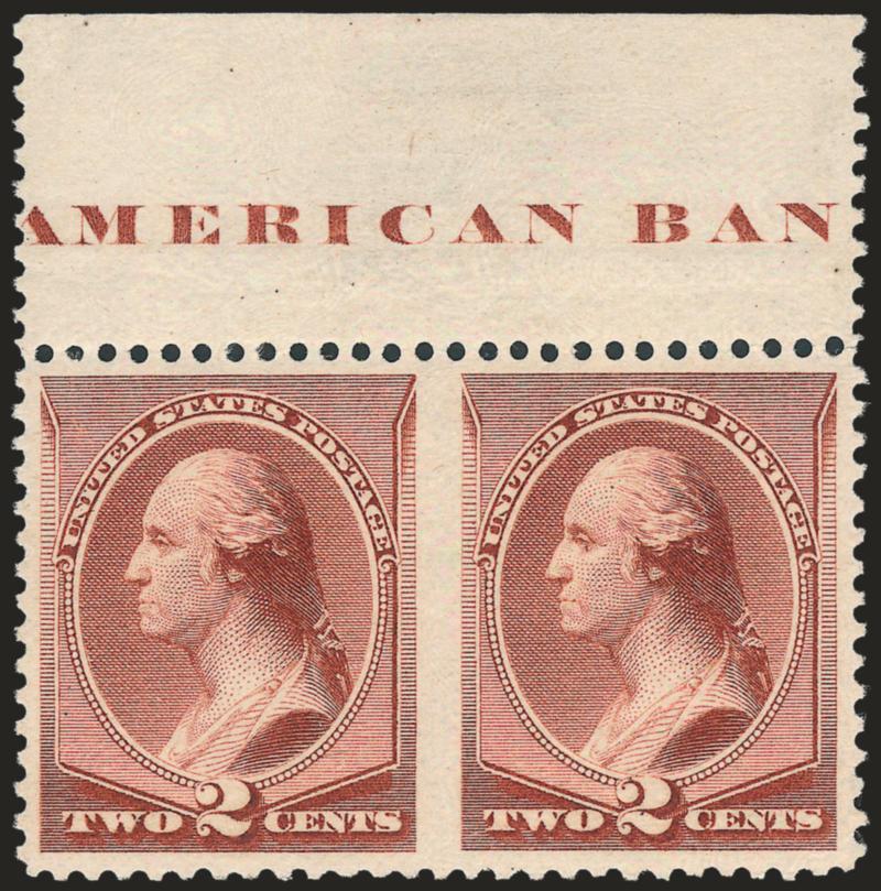 2c Pale Red Brown, Special Printing, Horizontal Pair, Imperforate Between (211Bc).> Original gum, lightly hinged, with <^AMERICAN BAN^ of imprint> at top, radiant color, choice centering<><>^EXTREMELY FINE. A
RARE EXAMPLE OF THE 2-CENT 1883 AMERI